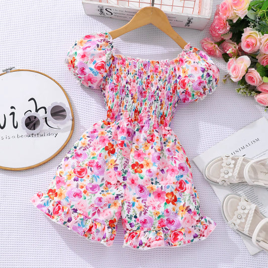 Girls Stylish & Stunning Allover Flowers Pattern Puff Sleeve Shirred Bust Ruffle Trim Romper for Spring & Summer