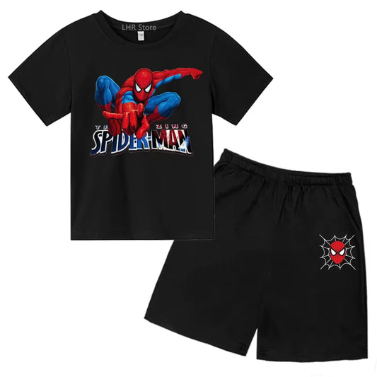 Summer Suitable for Children Clothing Age 3-12 Boys Girls round Neck T-Shirt+Shorts Set Casual Spider Cartoon Short Sleeve