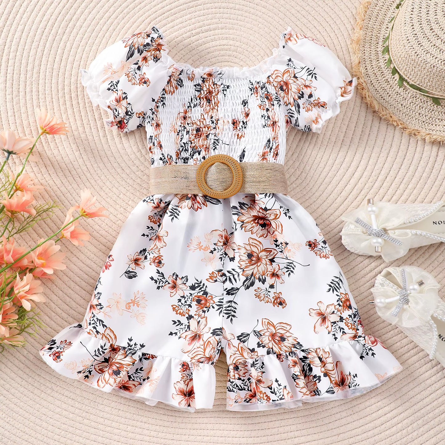 Allover Floral Print Puff Sleeve Shirred Romper with Belt and Frill Trim for Girls, Stylish Summer Outdoor Jumpsuit Holiday Gift