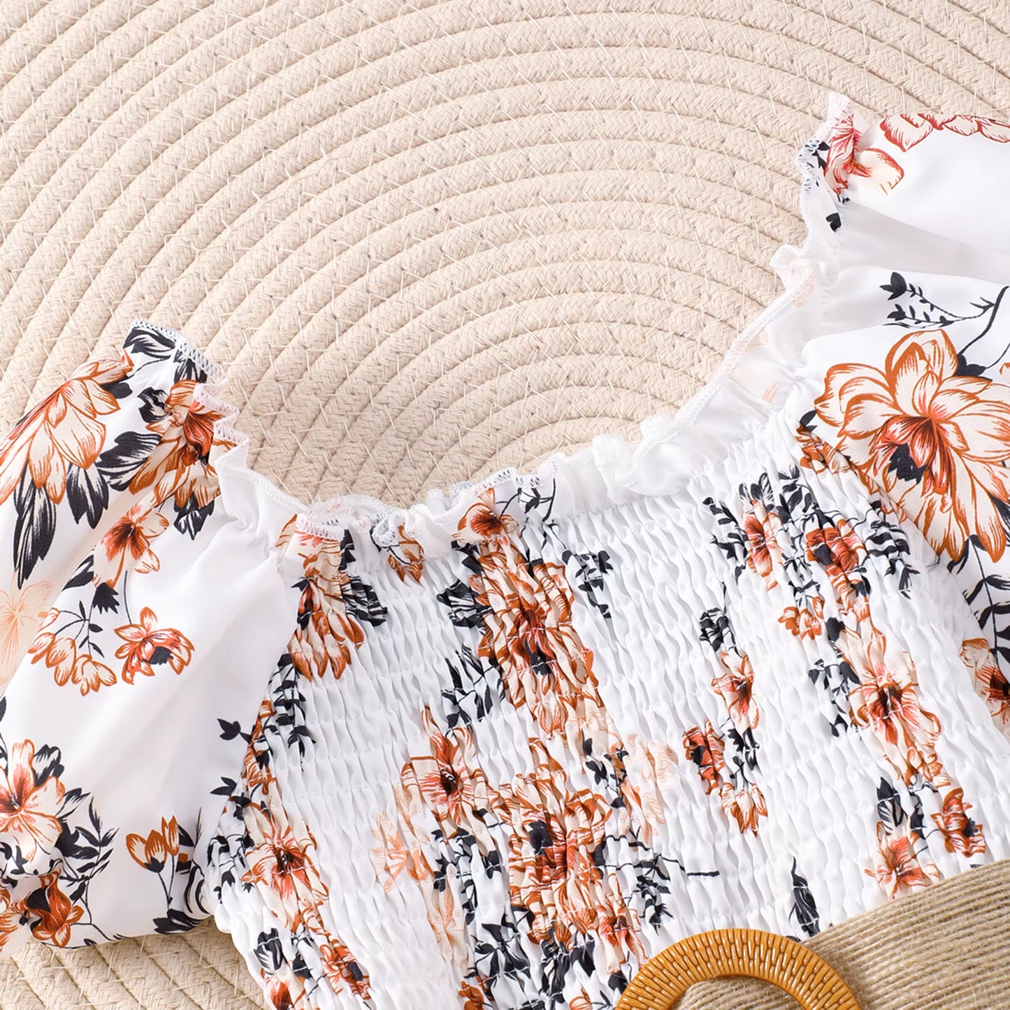 Allover Floral Print Puff Sleeve Shirred Romper with Belt and Frill Trim for Girls, Stylish Summer Outdoor Jumpsuit Holiday Gift