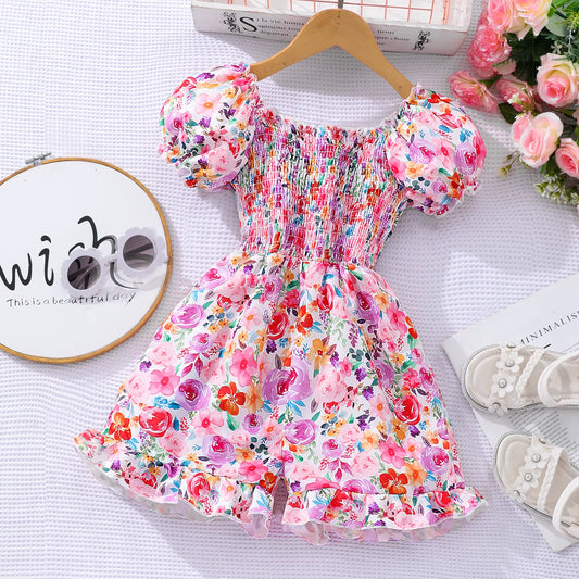 Girls Stylish & Stunning Allover Flowers Pattern Puff Sleeve Shirred Bust Ruffle Trim Romper for Spring & Summer