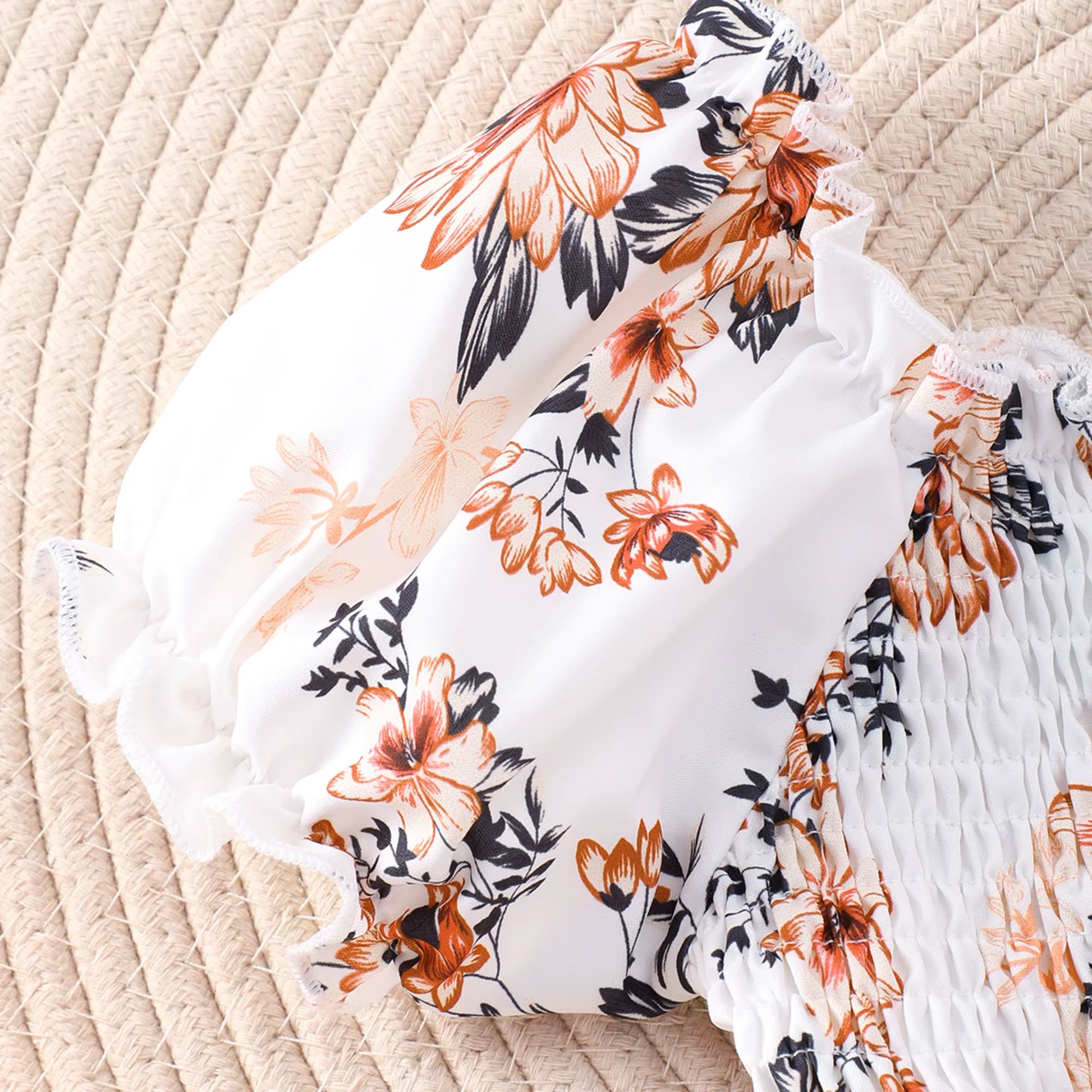 Allover Floral Print Puff Sleeve Shirred Romper with Belt and Frill Trim for Girls, Stylish Summer Outdoor Jumpsuit Holiday Gift